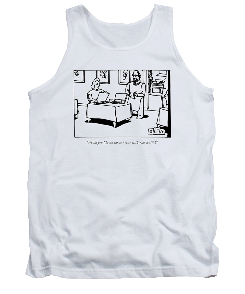 Waiter Tank Top featuring the drawing A Waiter Asks A Woman Seated At The Table by Bruce Eric Kaplan