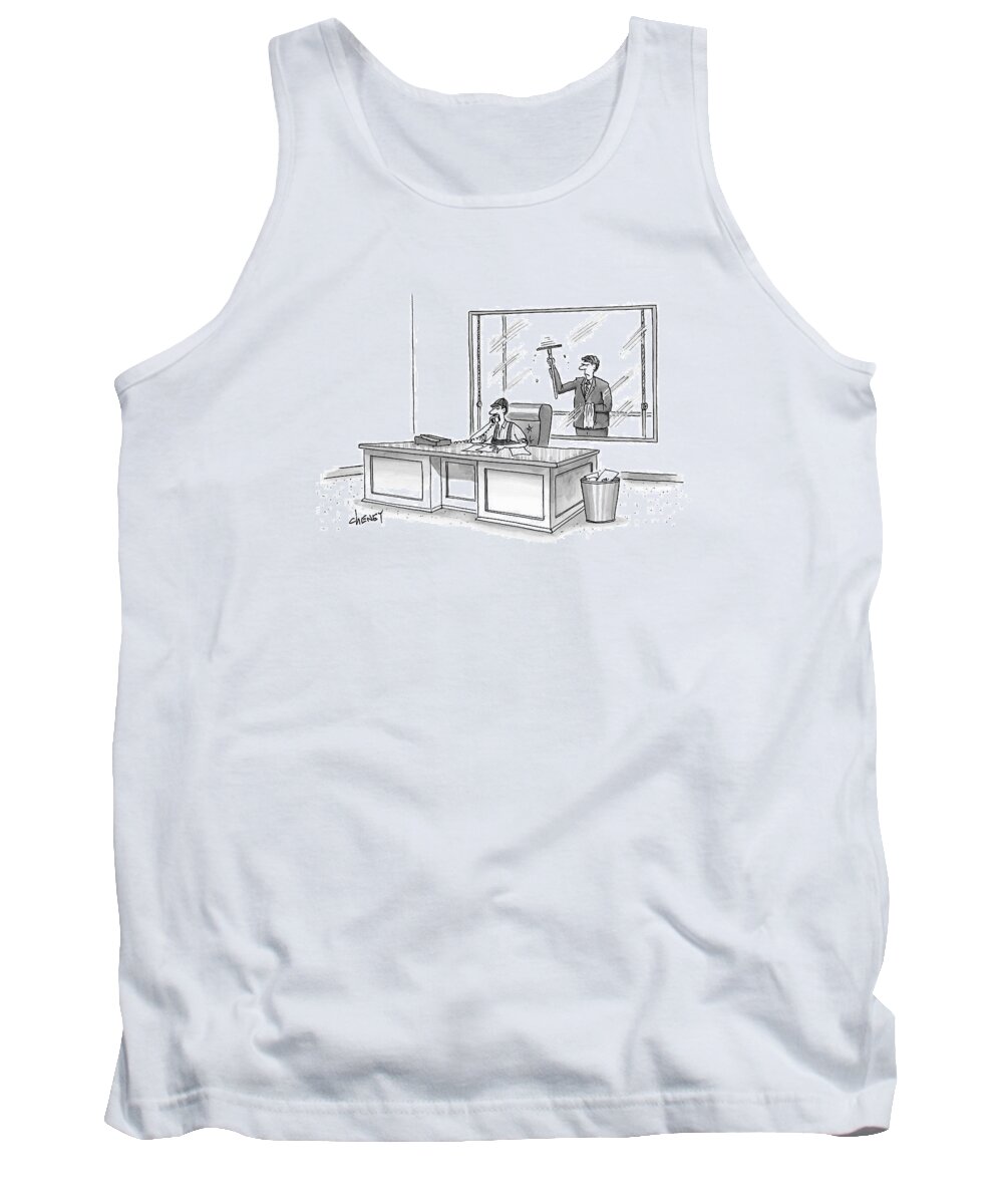 Window Washer Tank Top featuring the drawing A Window Washer Is On The Phone Of An Office by Tom Cheney