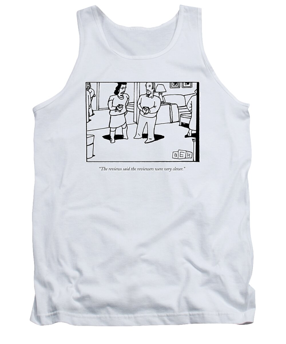 Theatre Tank Top featuring the drawing A Woman And Man Converse At A Cocktail Party by Bruce Eric Kaplan