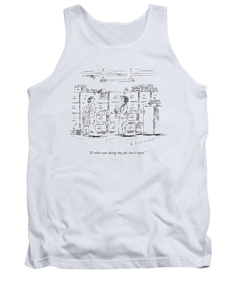 Office Tank Top featuring the drawing A Woman In A Room Full Of File Cabinets Speaks by Barbara Smaller