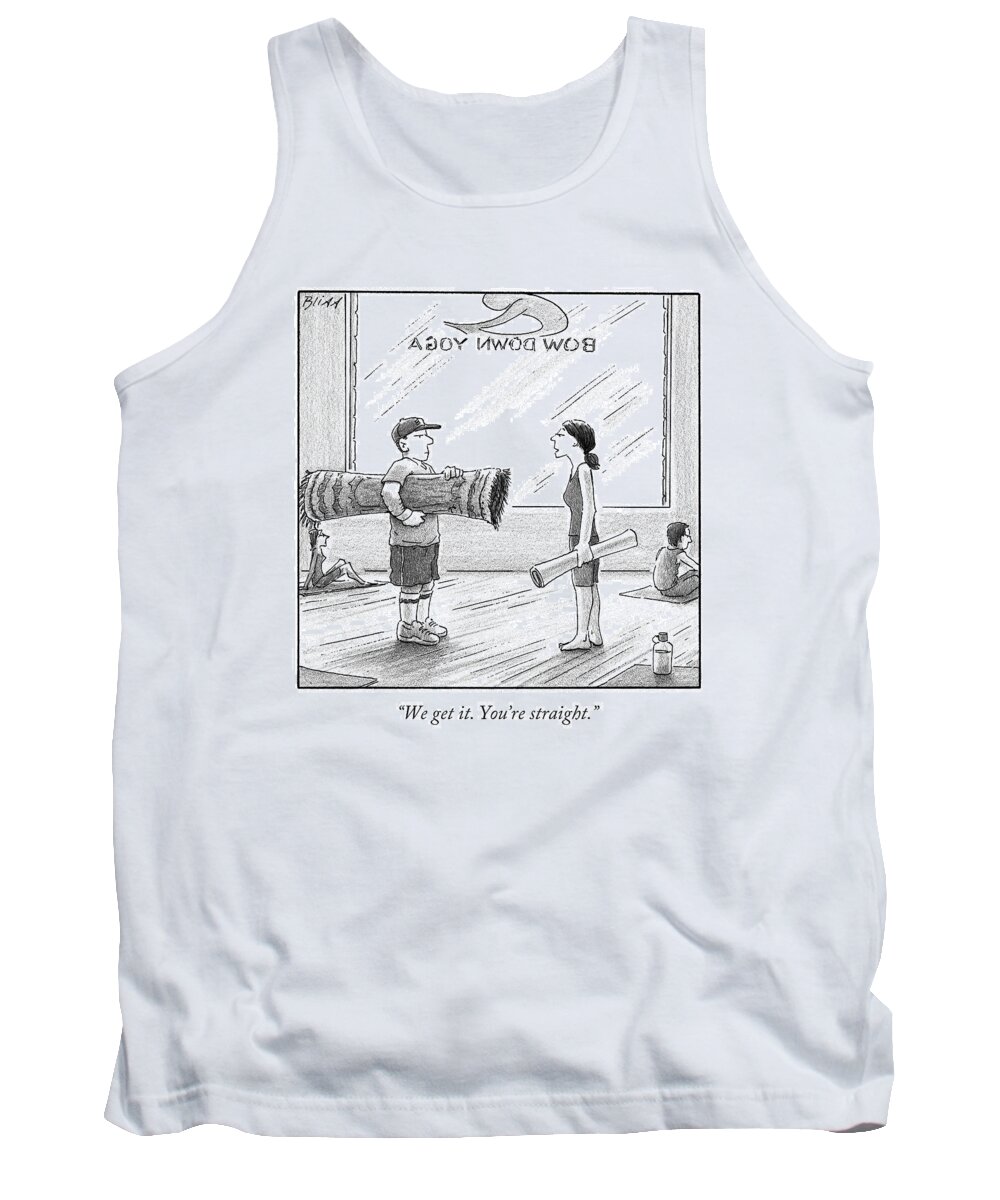 Cctk Tank Top featuring the drawing A Woman In A Yoga Studio Holding A Mat Speaks by Harry Bliss