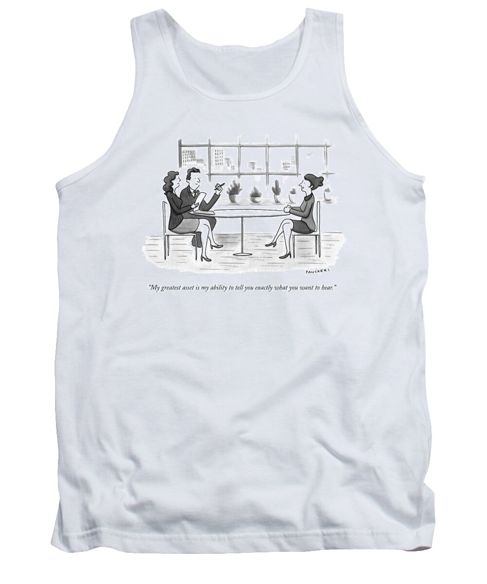 Job Interview Tank Top featuring the drawing A Woman Interviews For A Job by Drew Panckeri