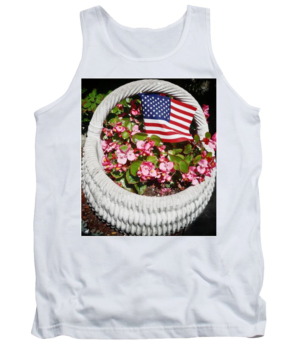 American Flag With Flowers Tank Top featuring the photograph American Flag with Flowers by Joan Reese