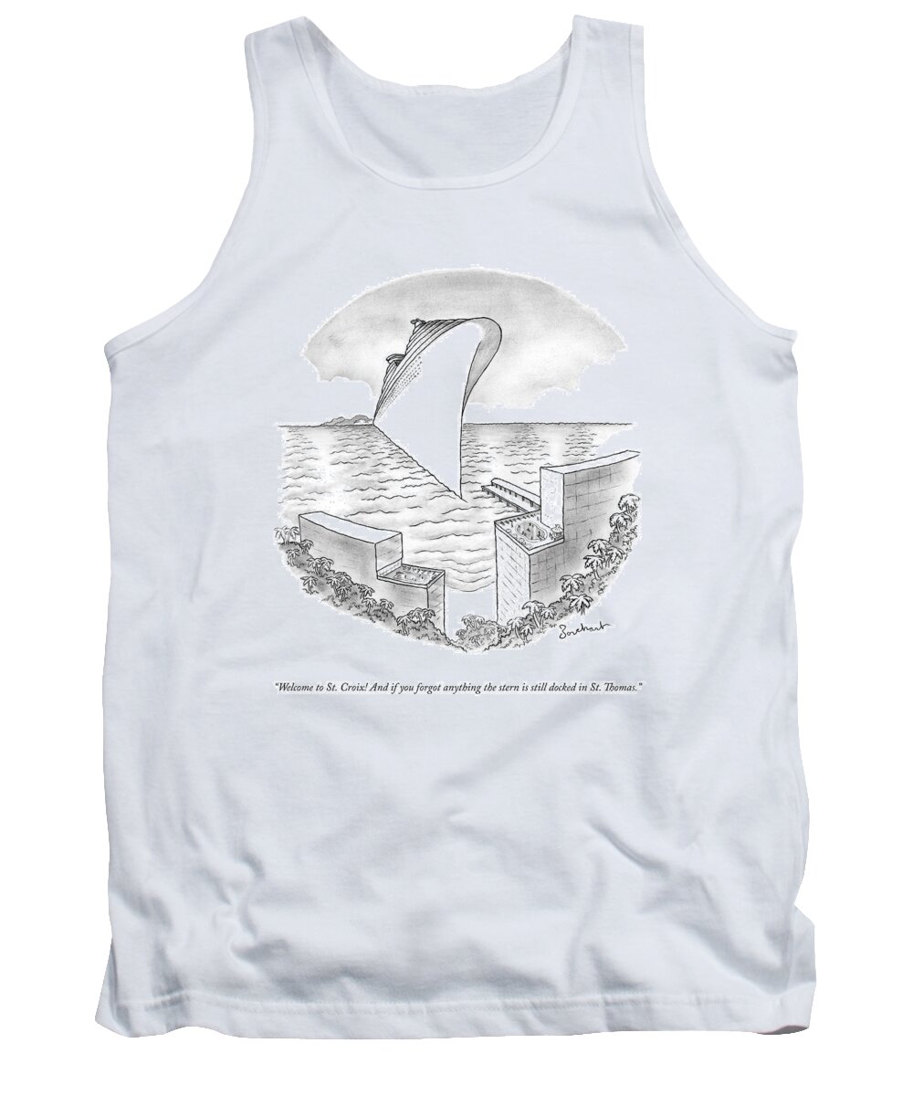 Cruise Ships Tank Top featuring the drawing An Enormous Cruise Ship Docks At An Island by David Borchart
