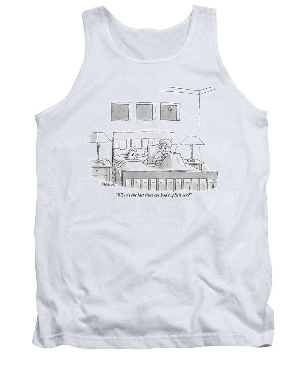 Bedroom Scenes Tank Top featuring the drawing An Old Couple Sits In Bed Below Three Windows by Jack Ziegler