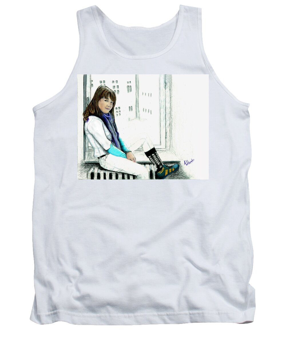 Young Girl Tank Top featuring the drawing Antonela in the Window by Albert Puskaric