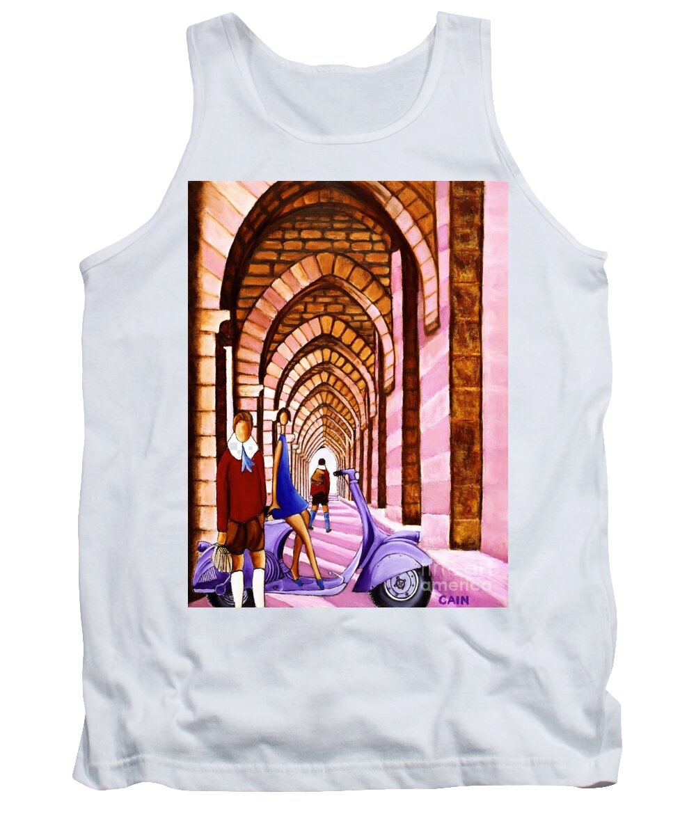 Mediterranean Village Life Tank Top featuring the painting Arches Vespa And Flower Girl by William Cain