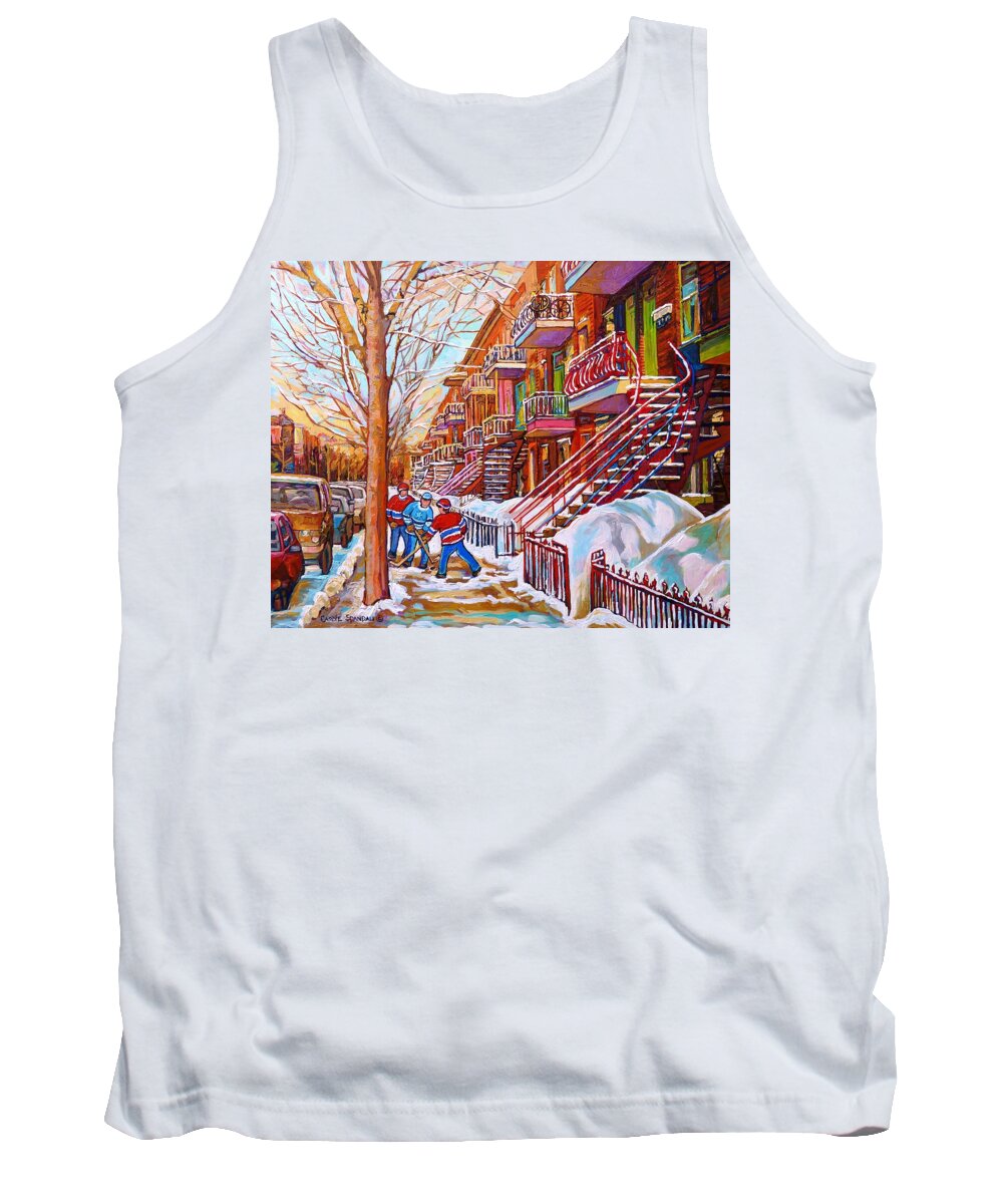 Montreal Tank Top featuring the painting Art Of Montreal Staircases In Winter Street Hockey Game City Streetscenes By Carole Spandau by Carole Spandau