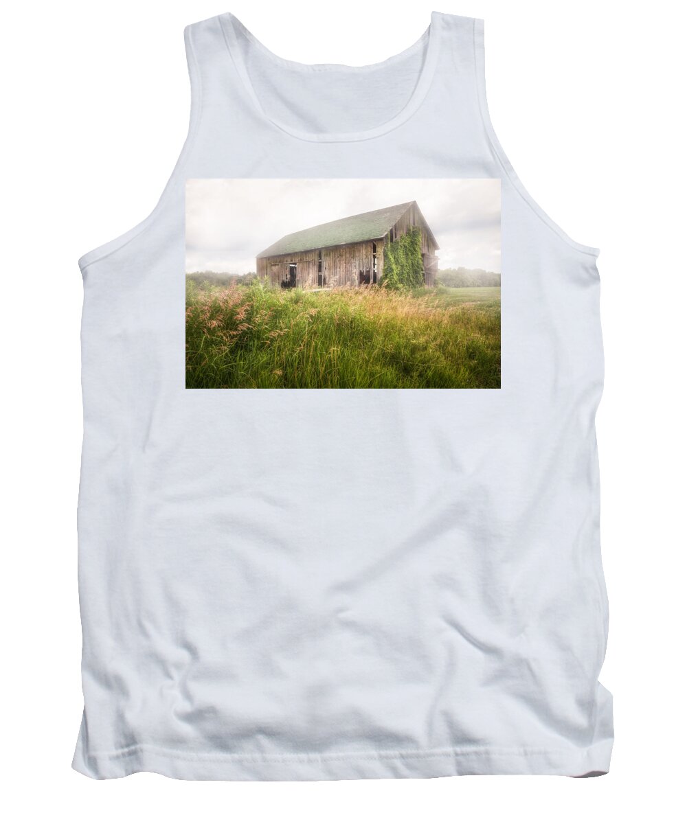 Misty Barn Tank Top featuring the photograph Barn in a misty field by Gary Heller