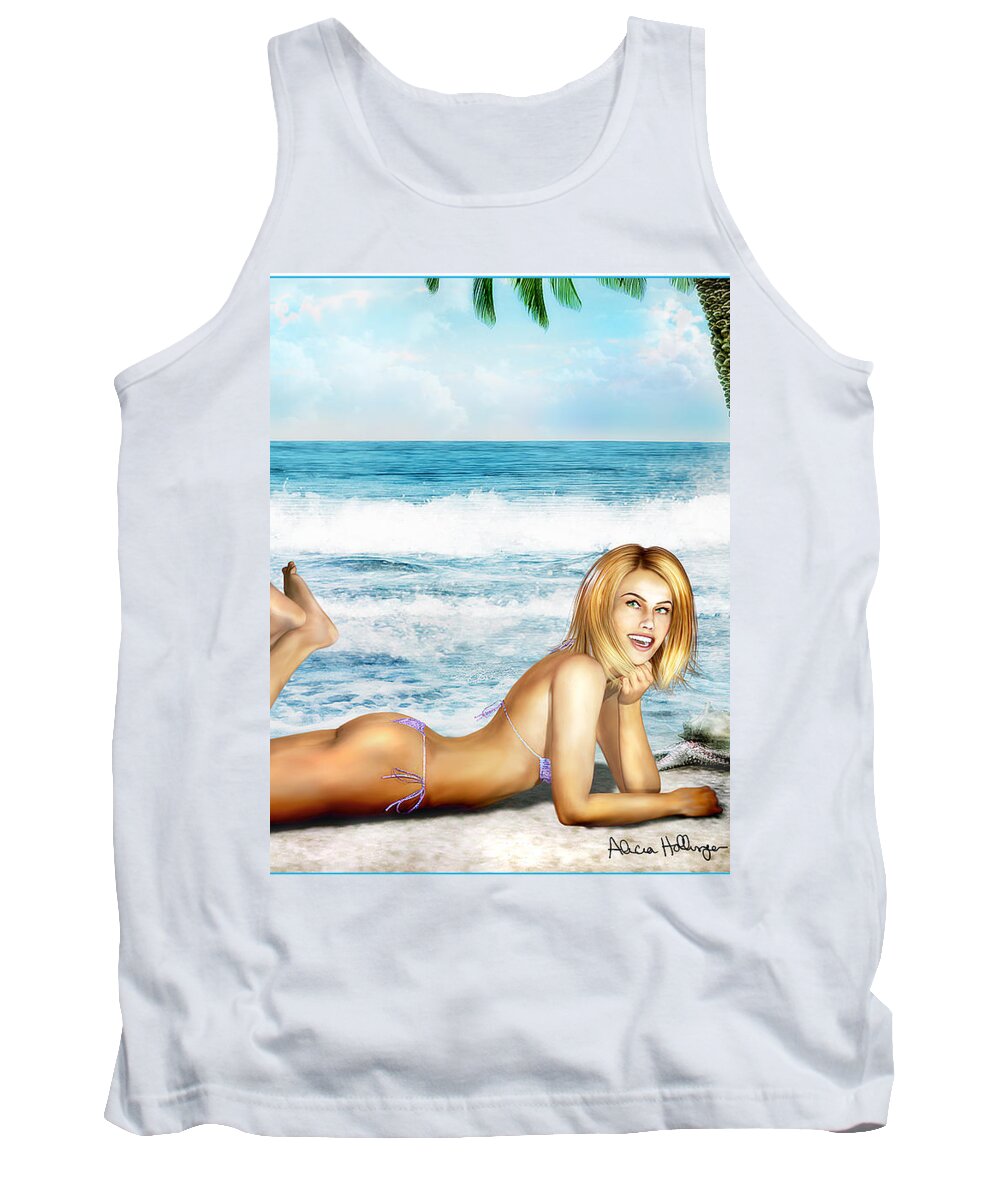Pin-up Tank Top featuring the mixed media Blonde on Beach by Alicia Hollinger