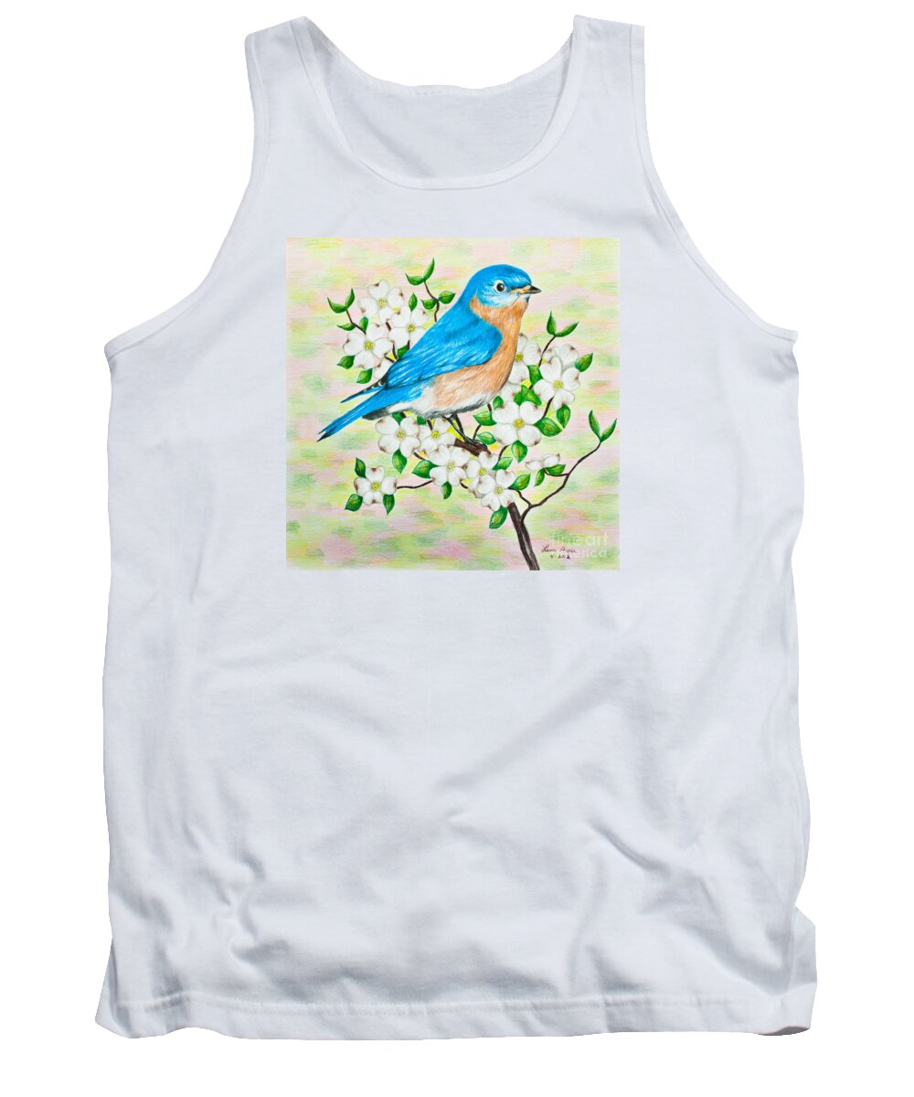 Color Pencil Tank Top featuring the drawing Bluebird and Dogwood by Lena Auxier