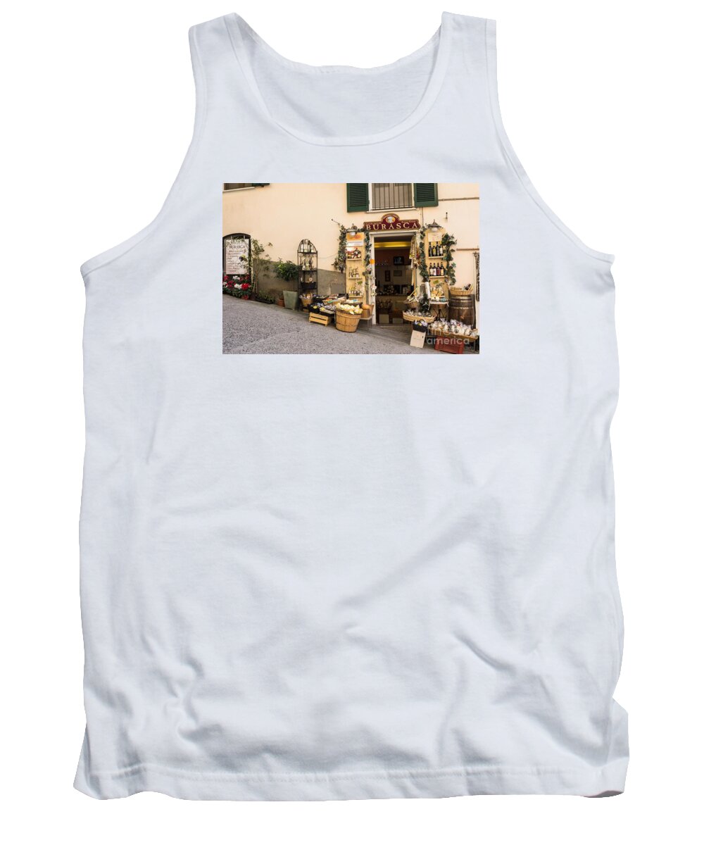 Cinque Terre Tank Top featuring the photograph Burasca Shop of Manarola by Prints of Italy