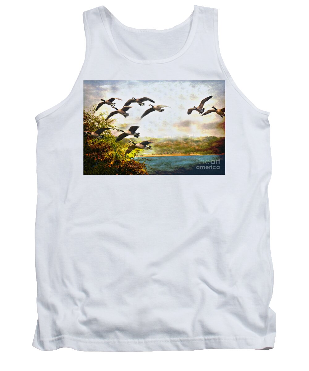  Texture Tank Top featuring the photograph Canadian Geese in Flight by Elaine Manley