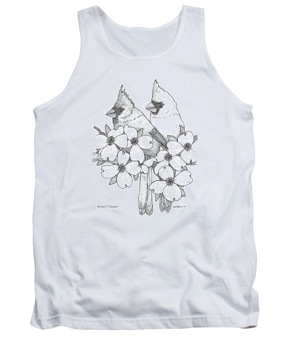 Cardinals Tank Top featuring the drawing Cardinals and Dogwoods by Jim Harris
