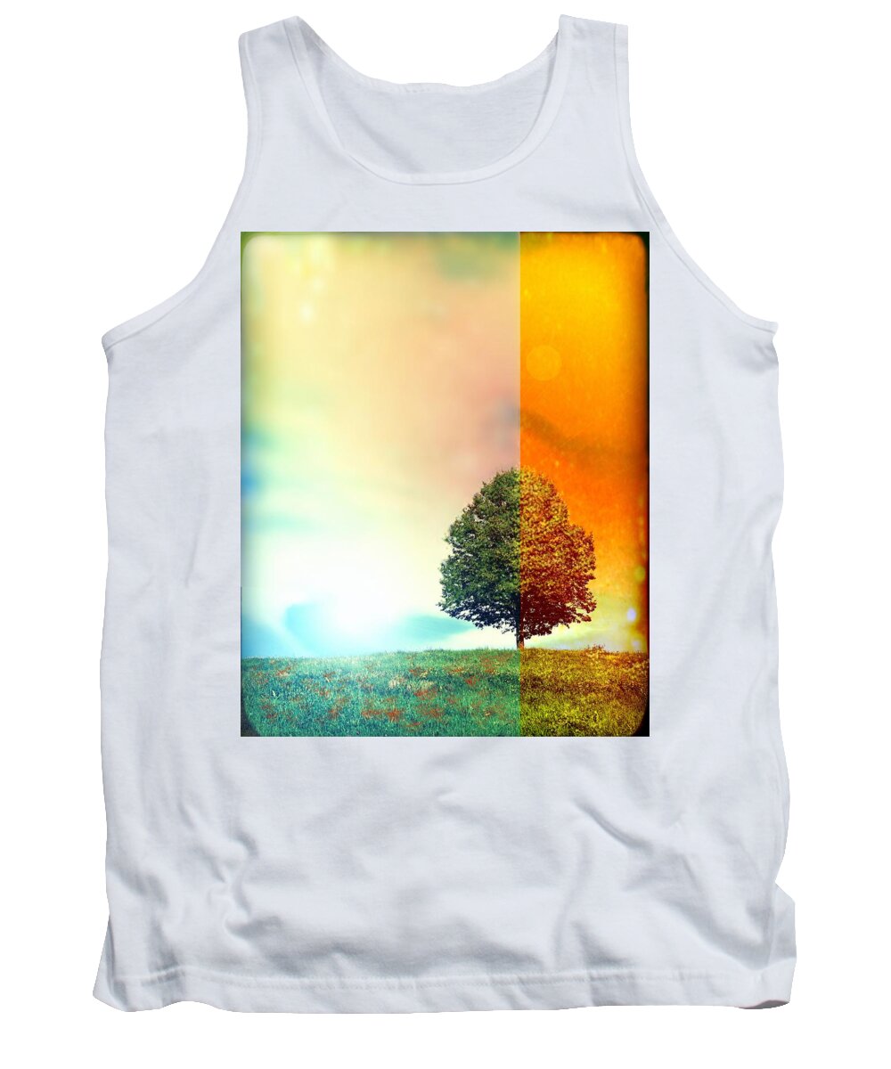 Tree Tank Top featuring the digital art Change of the Seasons - The Moment when Summer meets with Fall by Lilia S