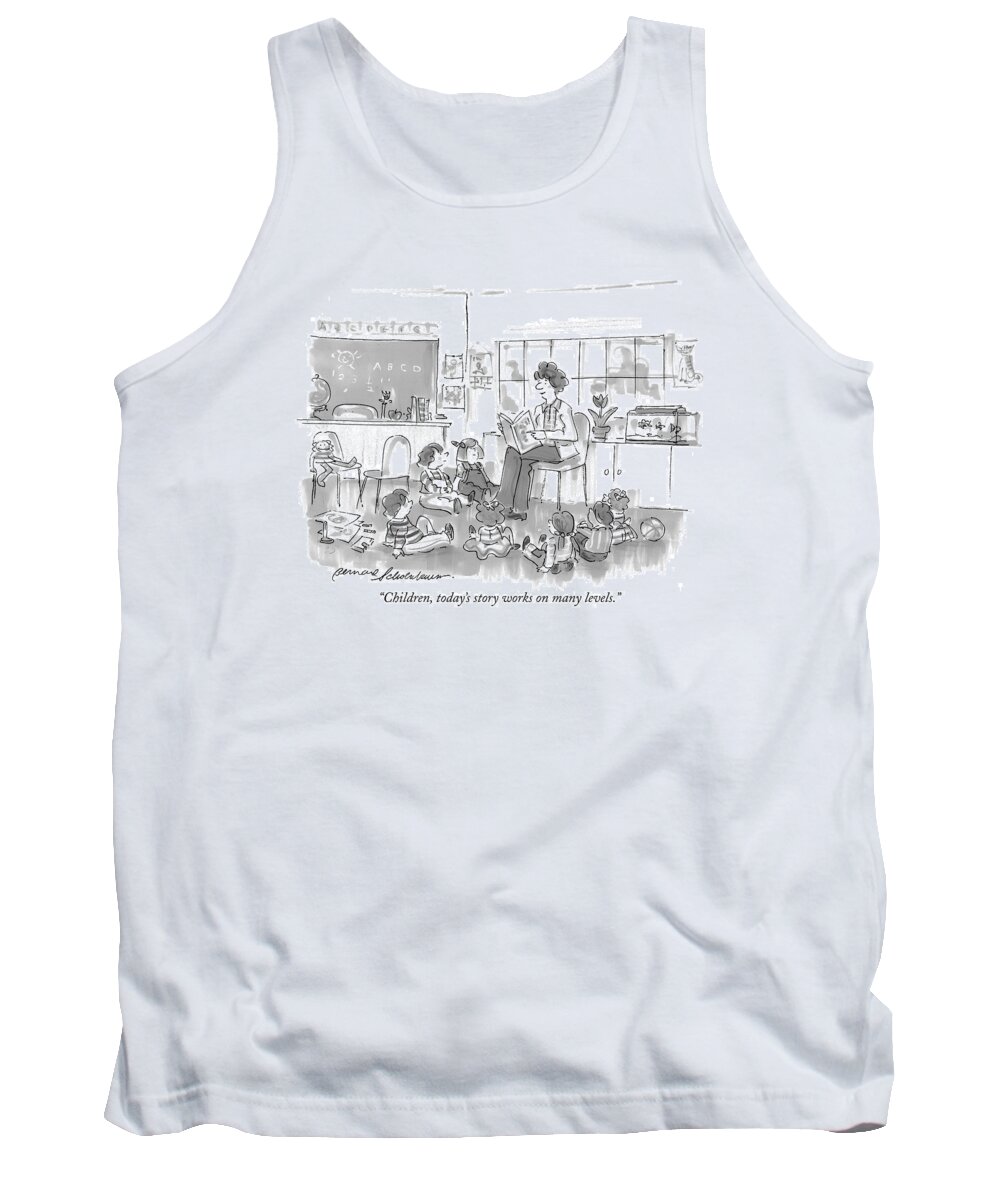 Children -telling Stories To Tank Top featuring the drawing Children, Today's Story Works On Many Levels by Bernard Schoenbaum