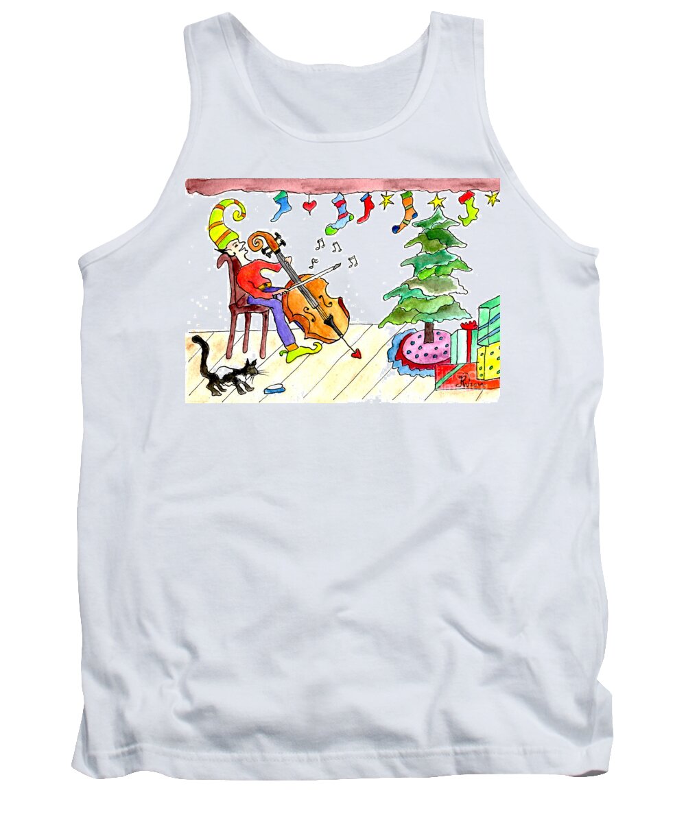 Elf Tank Top featuring the painting Christmas Elf on Cello by Paula Joy Welter