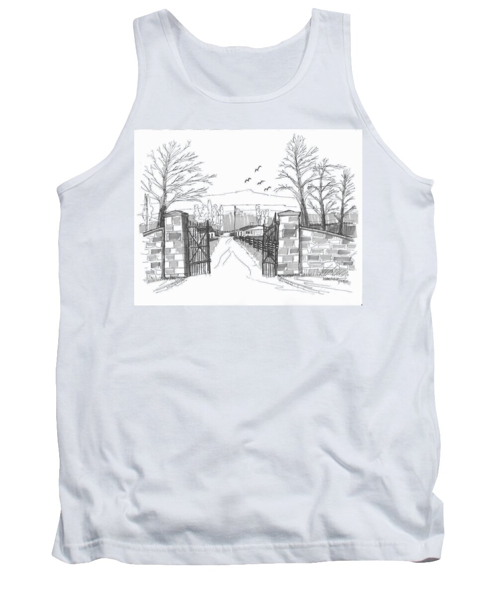Farm Tank Top featuring the drawing Clermont Farm Gate by Richard Wambach