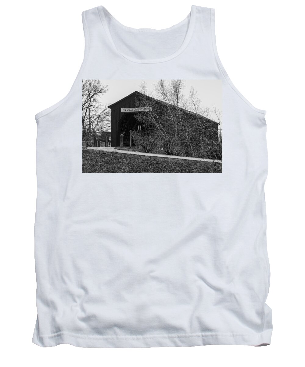 Covered Bridge Zumbrota Minnesota Zumbro River Wood Grass Road Black And White Grey Gray Tree Trees Water Sign Historic History Structure Engineer Engineered Enigineering Tank Top featuring the photograph Covered Bridge by Tom Gort
