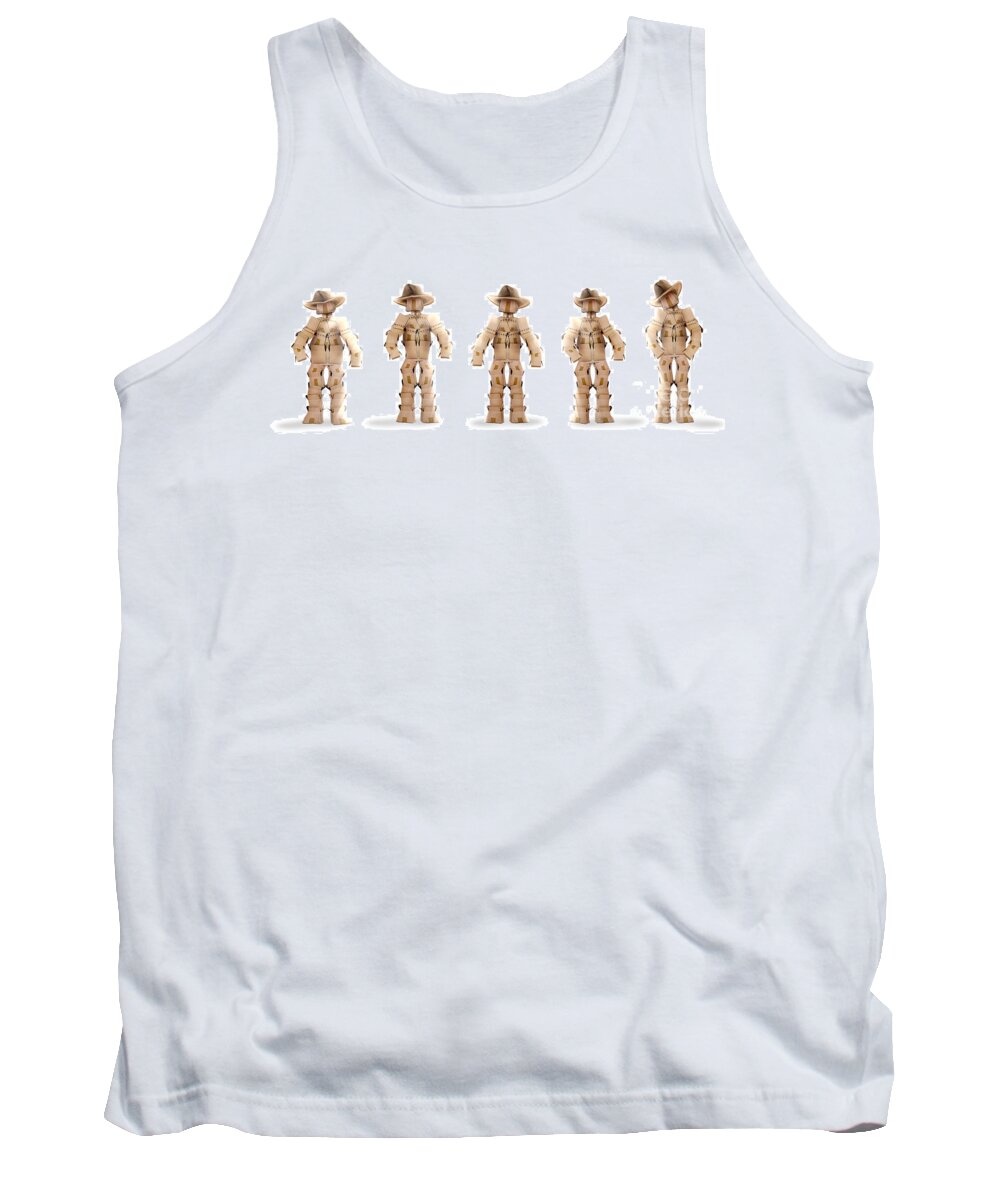  Cowboy Tank Top featuring the photograph Cowboy box characters on white by Simon Bratt