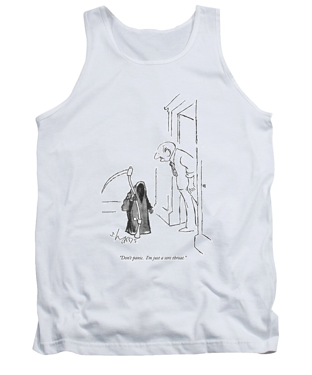 
(grim Reaper Speaks To Man In Doorway.)
Religion Tank Top featuring the drawing Don't Panic. I'm Just A Sore Throat by Sidney Harris