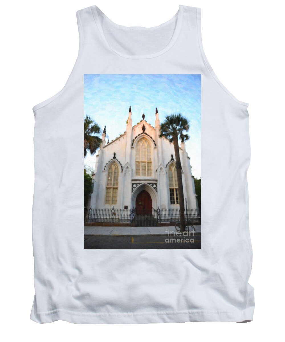 French Huguenot Tank Top featuring the digital art Downtown Charleston Church by Dale Powell