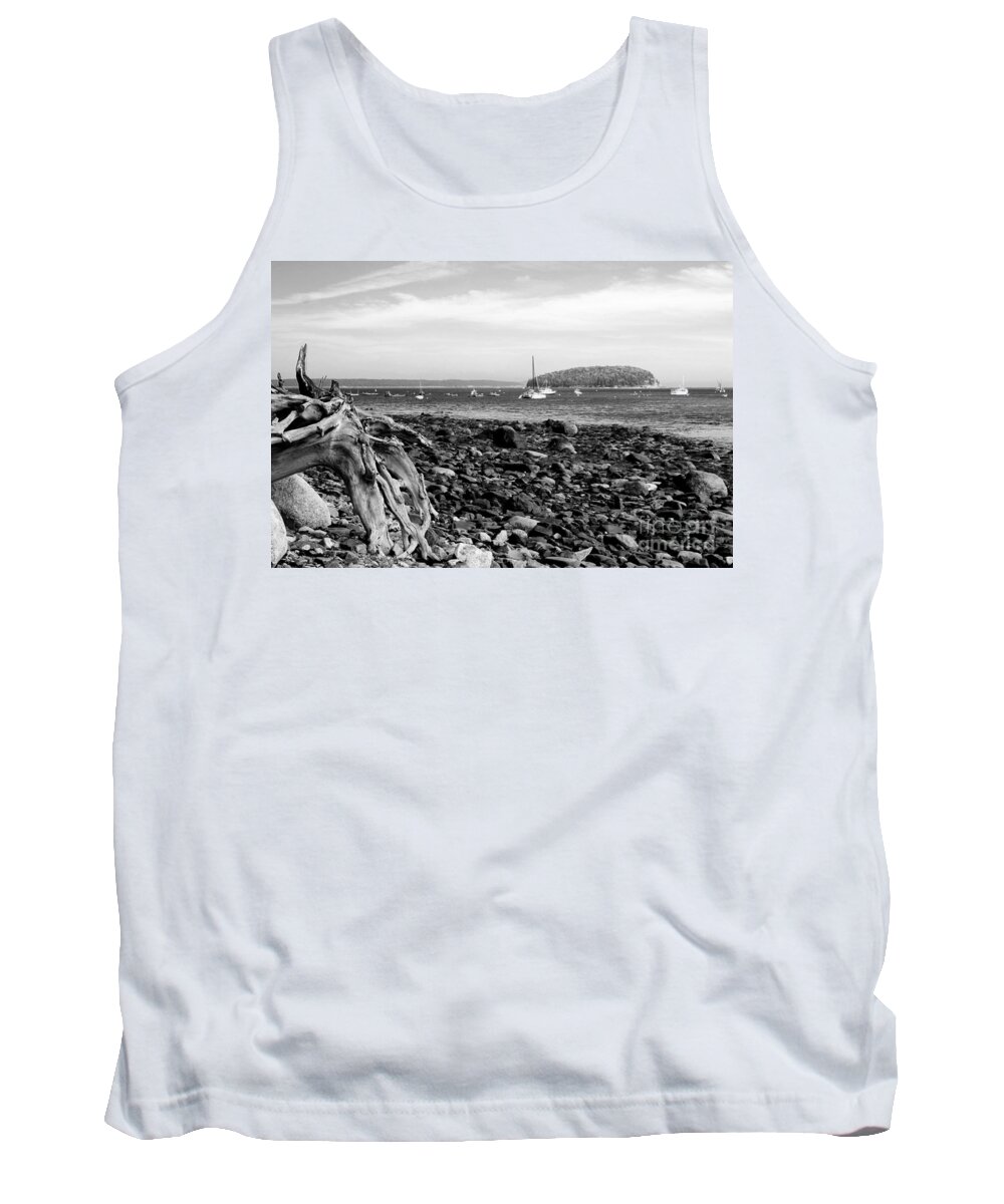 Driftwood On Rocky Beach Tank Top featuring the photograph Driftwood and Harbor by Jemmy Archer