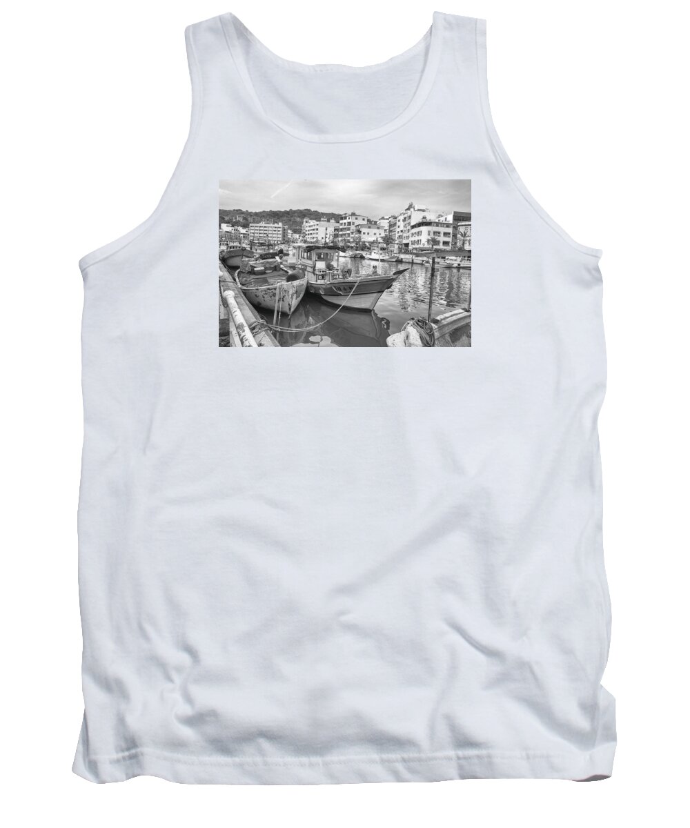 Kaohsiung Tank Top featuring the photograph Fishing Boats B W by Bill Hamilton
