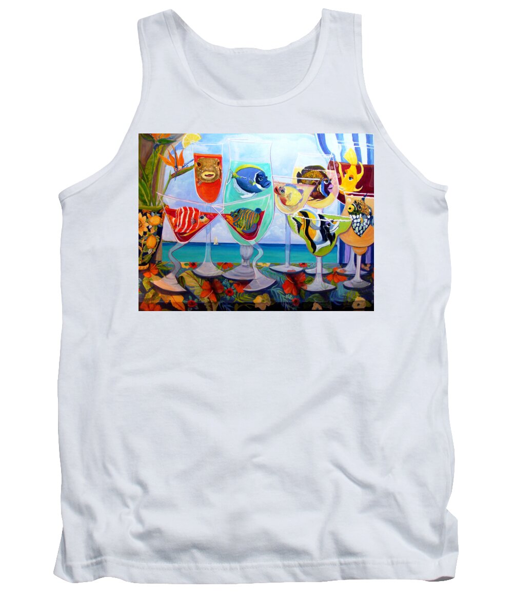 Cocktail Art Tank Top featuring the painting GirlFINS in Paradise by Linda Kegley
