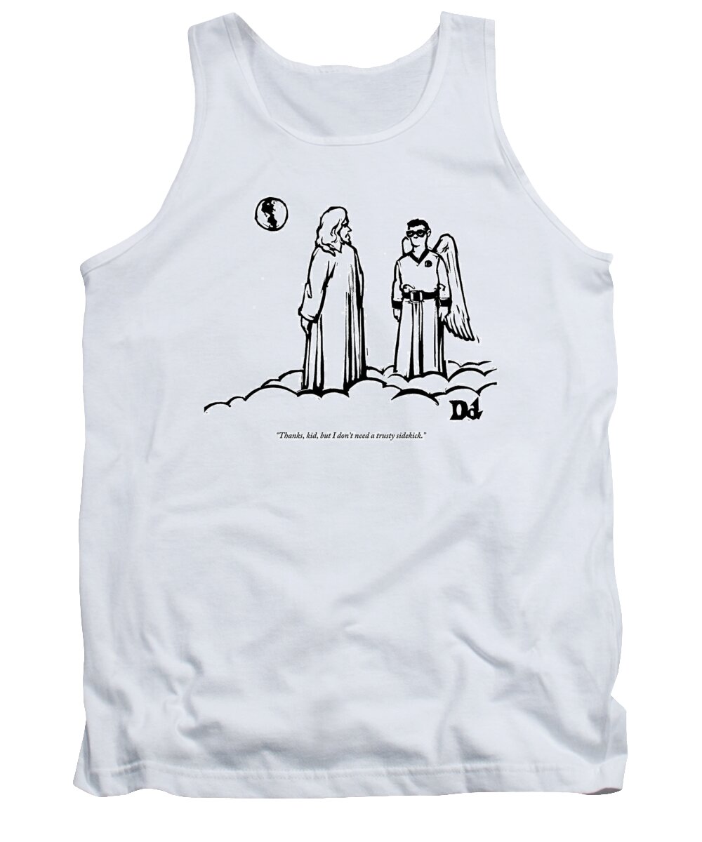 Super Hero Tank Top featuring the drawing God Overlooks Earth Next To A Robin-like Angel by Drew Dernavich