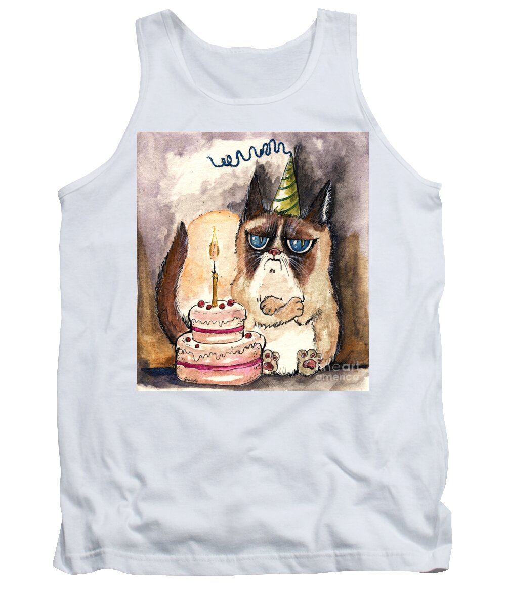 Cat Tank Top featuring the painting Grumpy Birthday Cat by Ang El