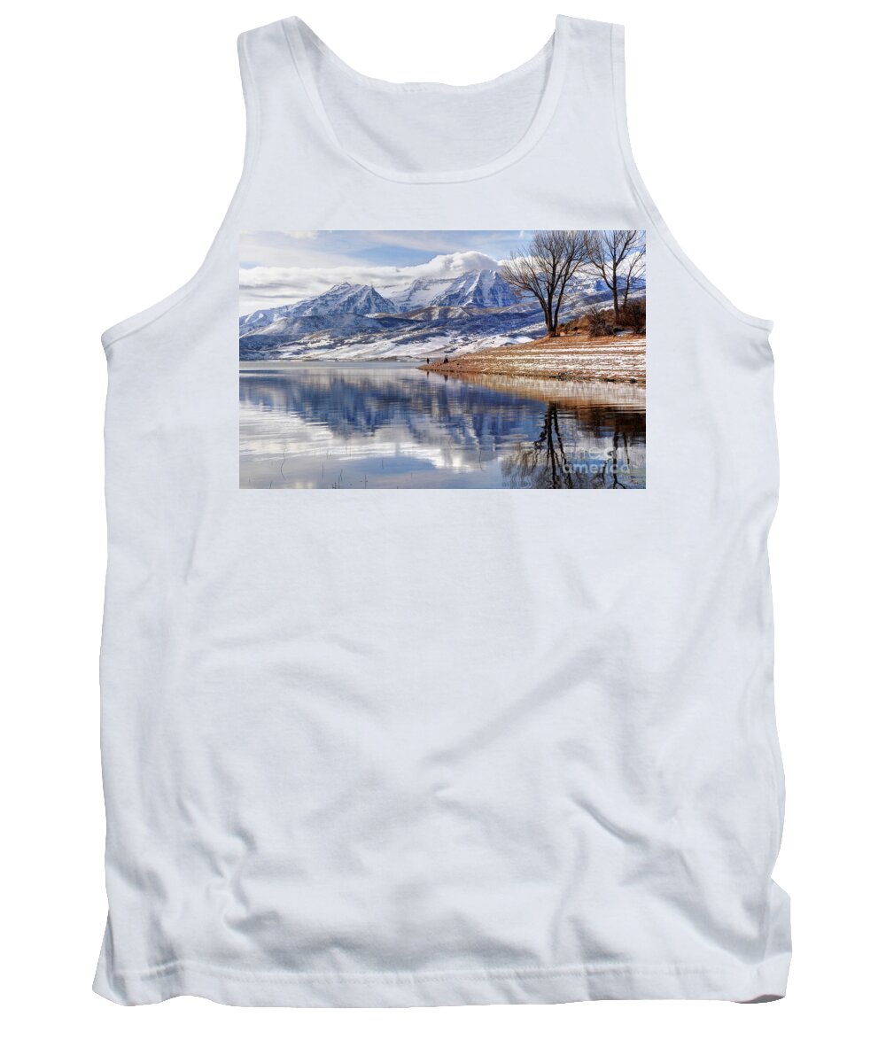 Mount Timpanogos Tank Top featuring the photograph Hardy Fishermen Deer Creek Reservoir and Timpanogos in Winter by Gary Whitton