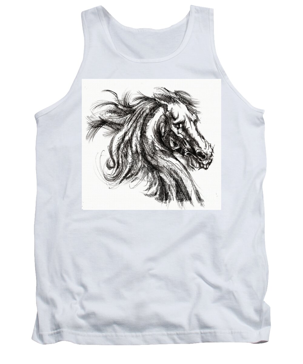 Inventing A Horse Tank Top featuring the drawing Horse face ink sketch drawing - Inventing a Horse by Daliana Pacuraru