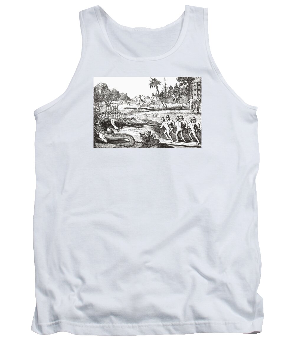Hunting Tank Top featuring the drawing Hunting alligators in the Southern States of America by Theodor de Bry