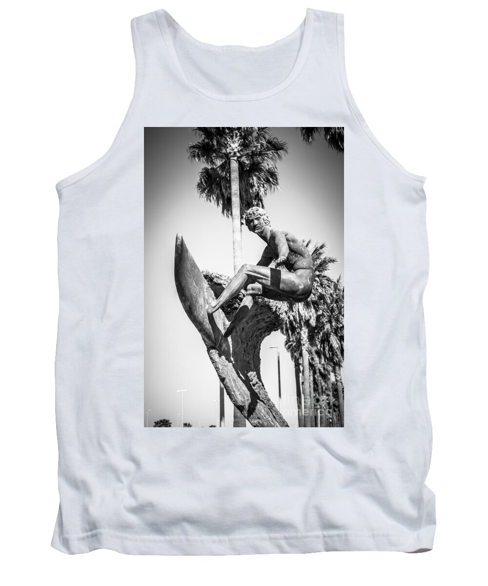 America Tank Top featuring the photograph Huntington Beach Surfer Statue Black and White Picture by Paul Velgos
