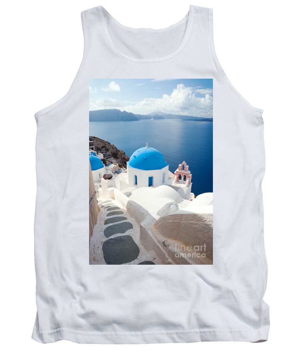 Santorini Tank Top featuring the photograph Iconic blue domed churches in Santorini - Greece by Matteo Colombo