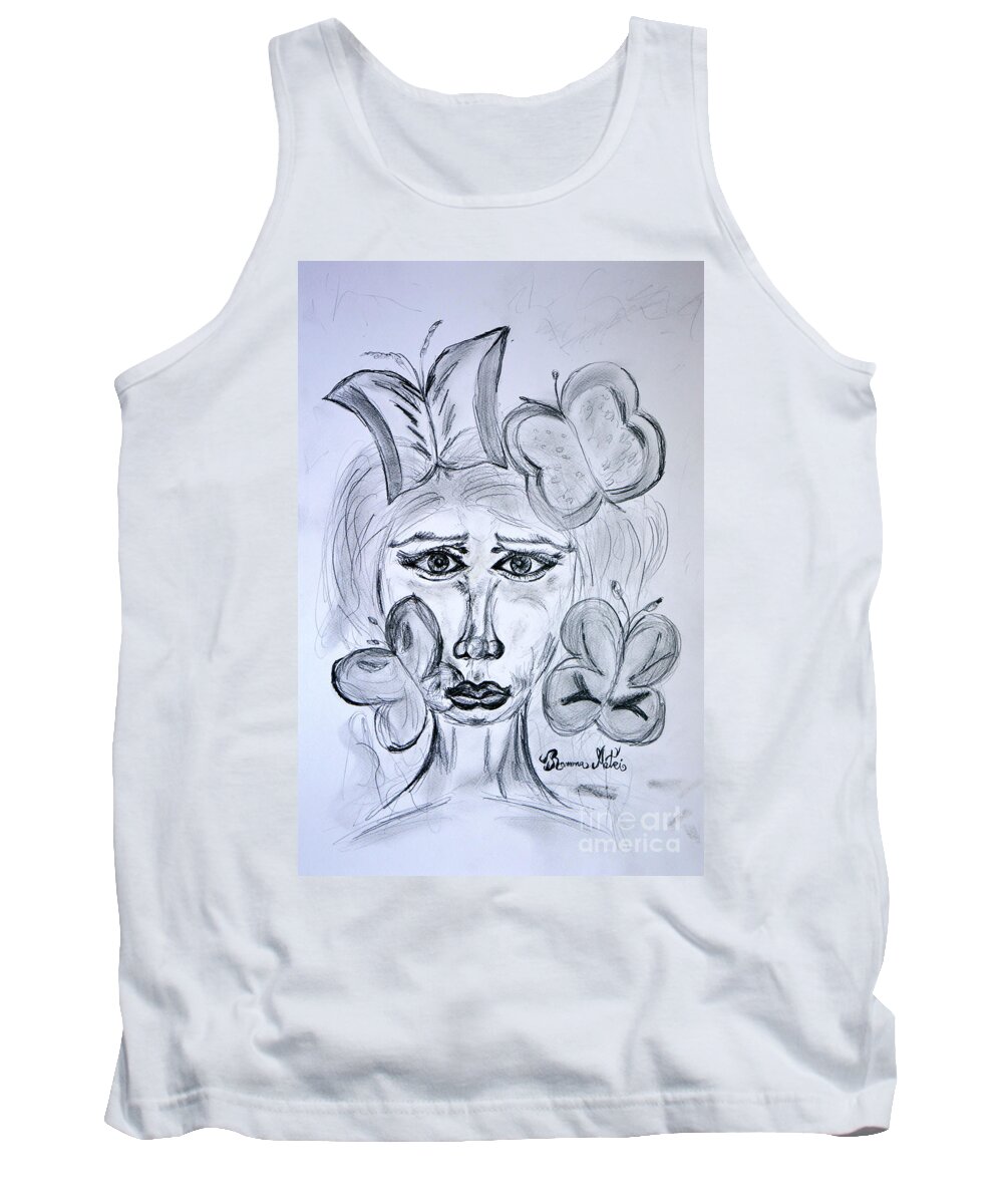 Woman Tank Top featuring the drawing Lady Queen of Butterflies by Ramona Matei