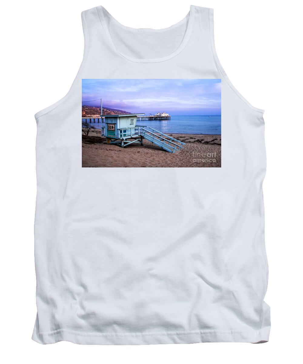 Lifeguard Tower And Malibu Beach Pier Tank Top featuring the photograph Lifeguard Tower and Malibu Beach Pier Seascape Fine Art Photograph Print by Jerry Cowart