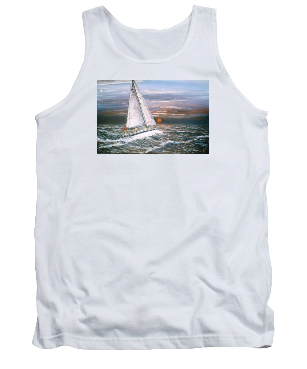 Maid Of Moraira Tank Top featuring the painting Maid of Moraira sailing toward Moraira on mainland Spain by Mackenzie Moulton