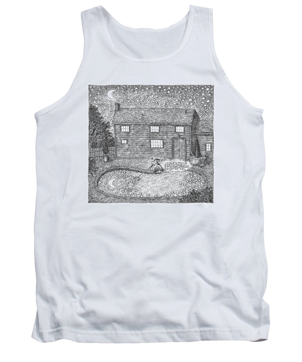 Stars Tank Top featuring the drawing Man Fishes Stars Out Of His Pool At Nighttime by John O'Brien