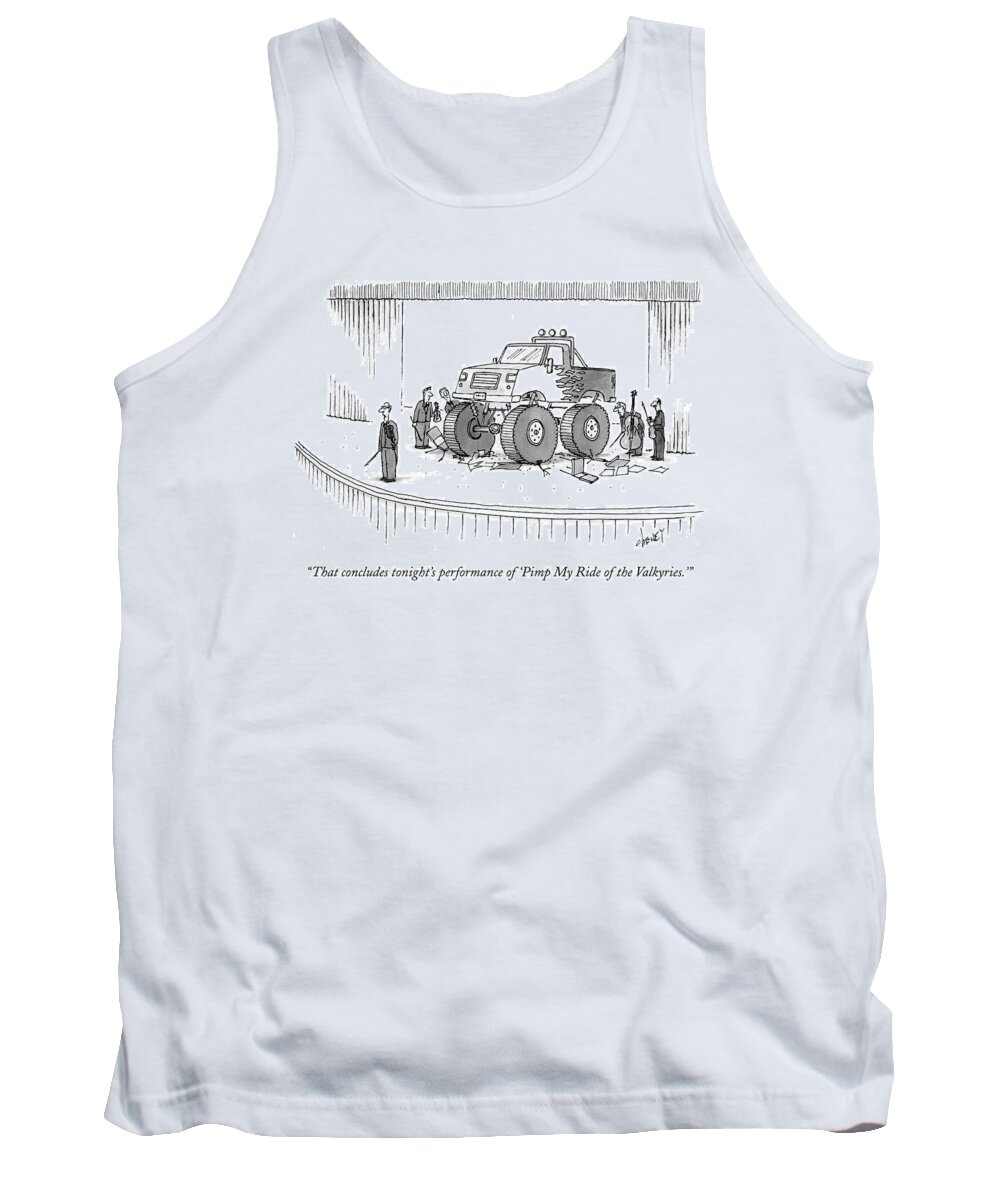 Autos Problems Entertainment Music Tch Tom Cheney Tank Top featuring the drawing Monster-truck Crushes Members Of String Octet by Tom Cheney