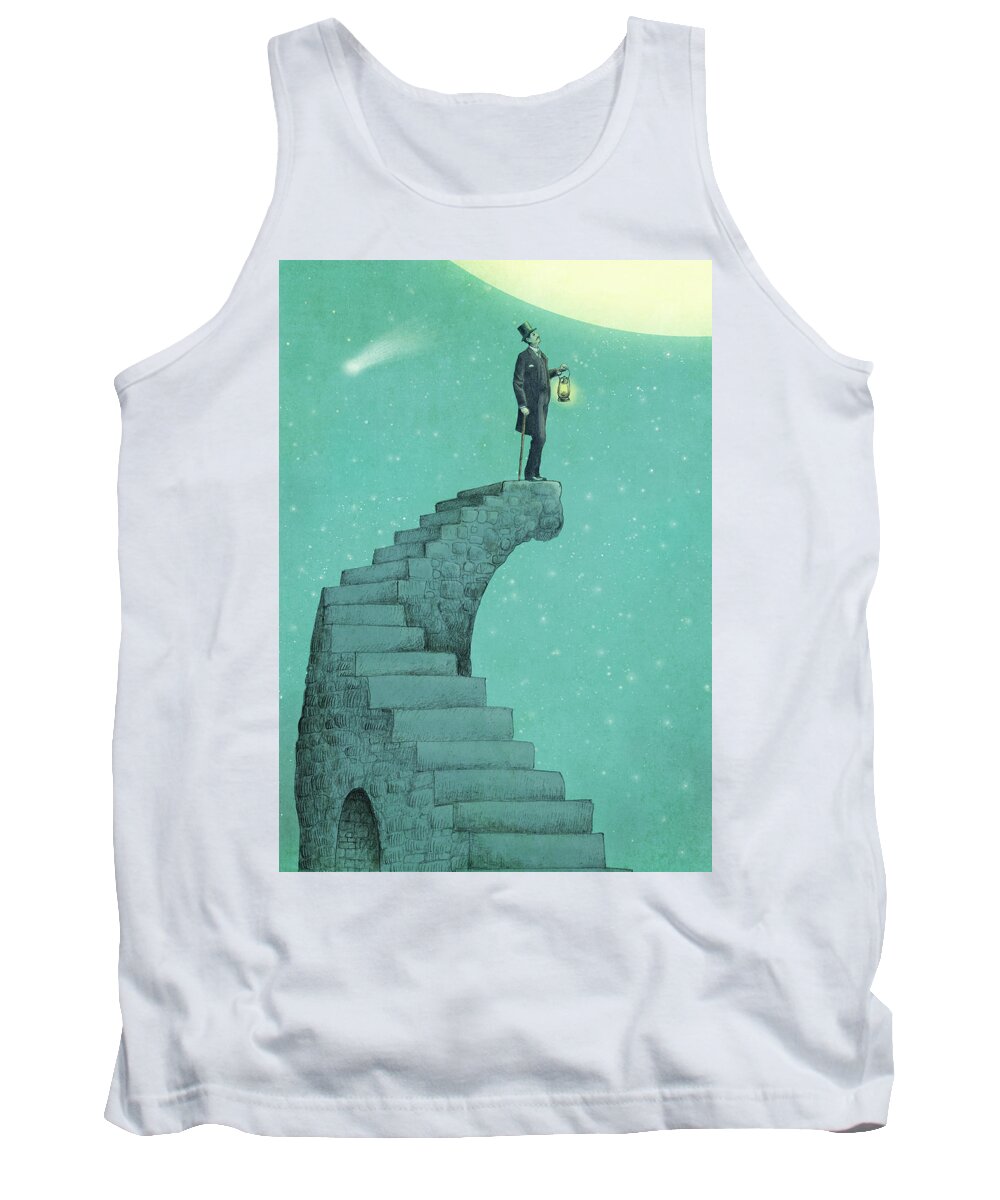 Moon Vintage Victorian Blue Green Stars Comet Top Hat Steps Staircase Astronomy Surreal Whimsical Dream Tank Top featuring the drawing Moon Steps by Eric Fan