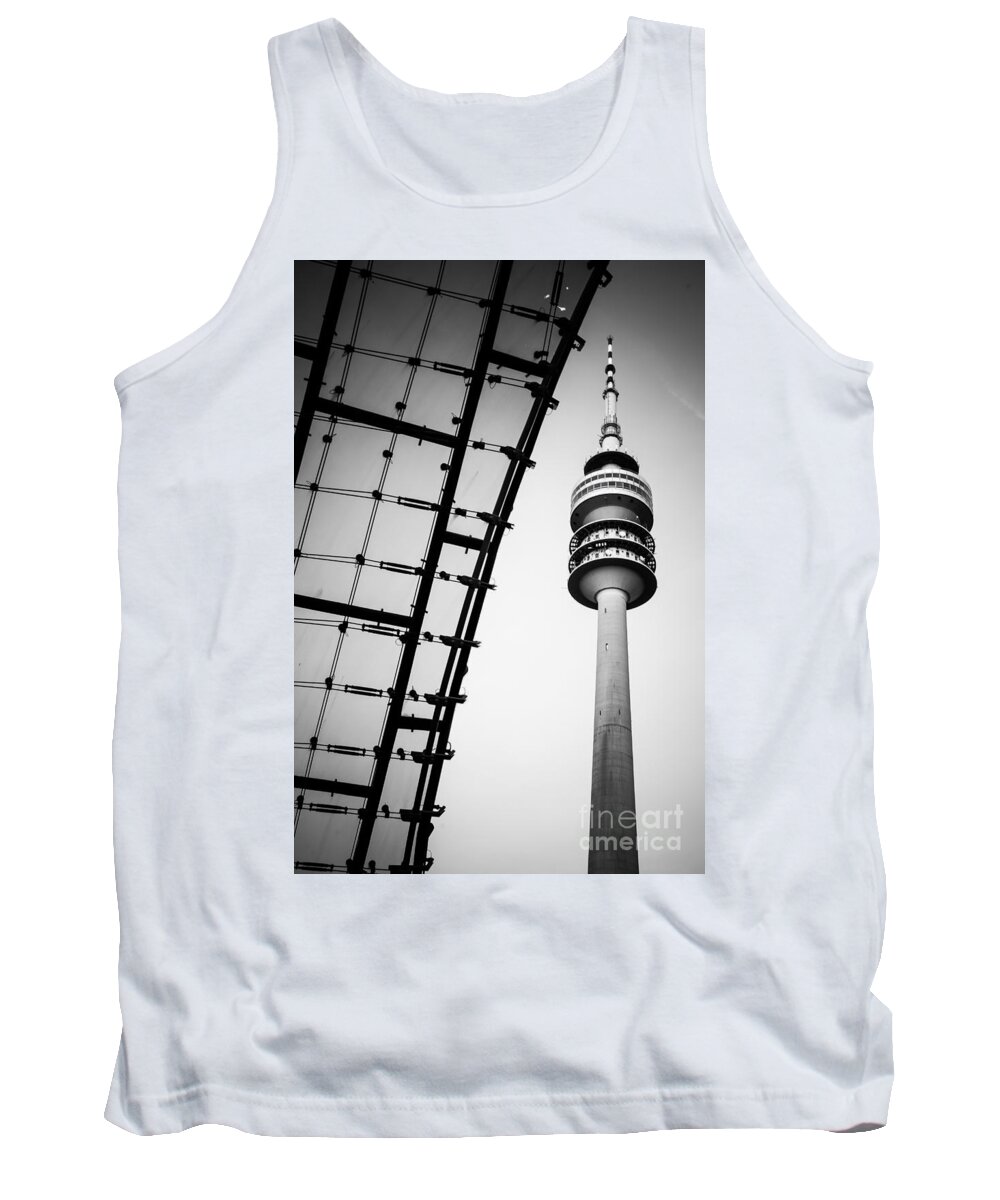 Architecture Tank Top featuring the photograph Munich - Olympiaturm And The Roof - Bw by Hannes Cmarits