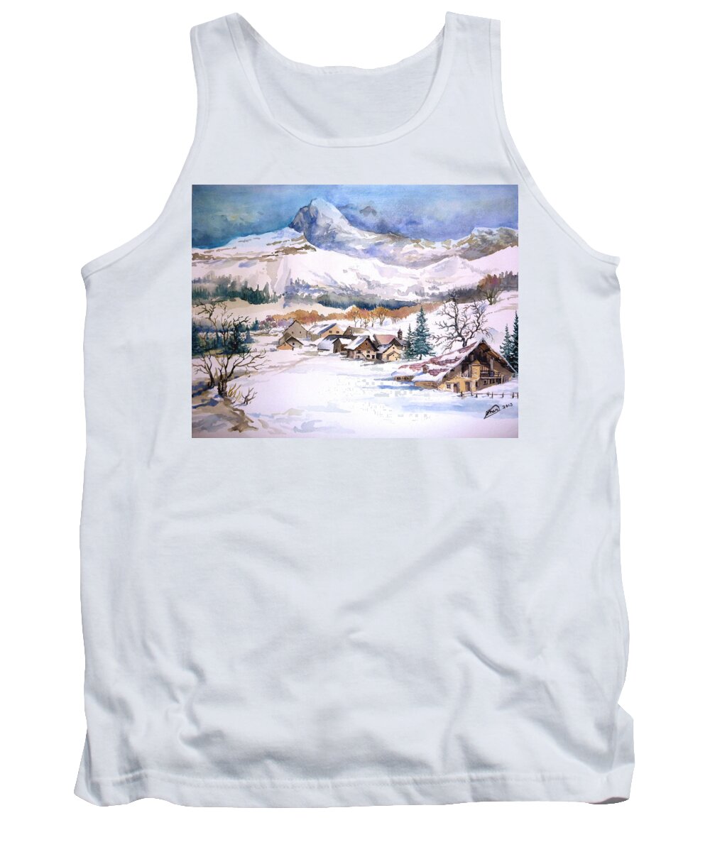 Montains Tank Top featuring the painting My First Snow Scene by Alban Dizdari