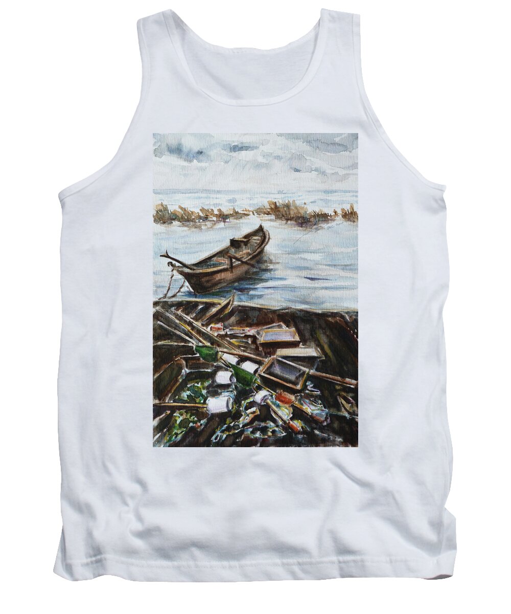 Boat Tank Top featuring the painting New England Wharf by Xueling Zou