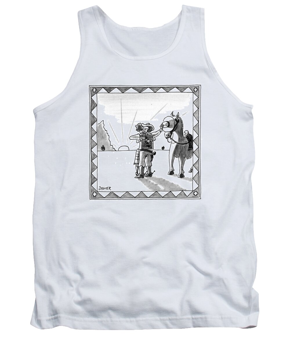 No Caption
A Cowboy Holds His Hat Over His Horse's Eyes While He Kisses A Girl. 
No Caption
A Cowboy Holds His Hat Over His Horse's Eyes While He Kisses A Girl. 
Cowboys Tank Top featuring the drawing New Yorker August 19th, 1991 by Jack Ziegler