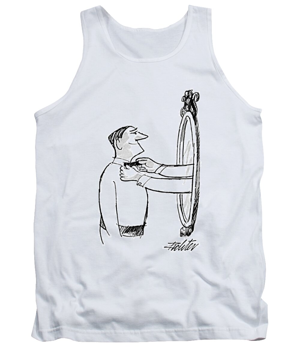 (man Smiling Into Mirror As Arms And Hands Reach Out And Straighten His Bow Tie.) Fashion Clothes Clothing Style Attire Looks Appearances Shop Shopping Vanity Vain Beauty Self Confidence -rdm  Artkey 66625 Tank Top featuring the drawing New Yorker October 5th, 1968 by Mischa Richter