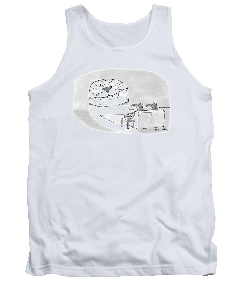 (two Mice Sitting On A Couch Eating Snacks While Watching A Cat's Face In Their Entrance As If It Were A Giant Screen T.v. Or Movie Screen.) Media Tank Top featuring the drawing New Yorker September 28th, 1998 by Mike Twohy