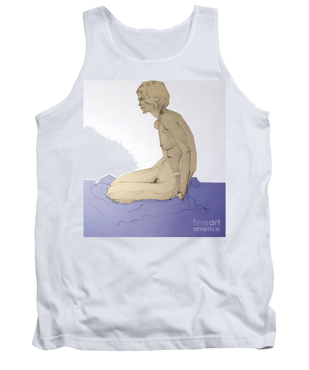 Nude Tank Top featuring the drawing Nude figure in blue by Greta Corens