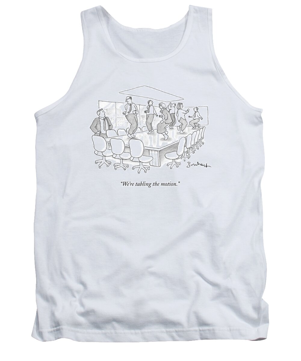 Cctk Dancing Tank Top featuring the drawing Office Employees Dance On A Boardroom Table by David Borchart